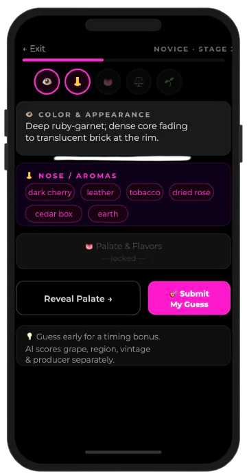 Wine with Seth app blind tasting screen showing color, aromas, and deductive tasting method