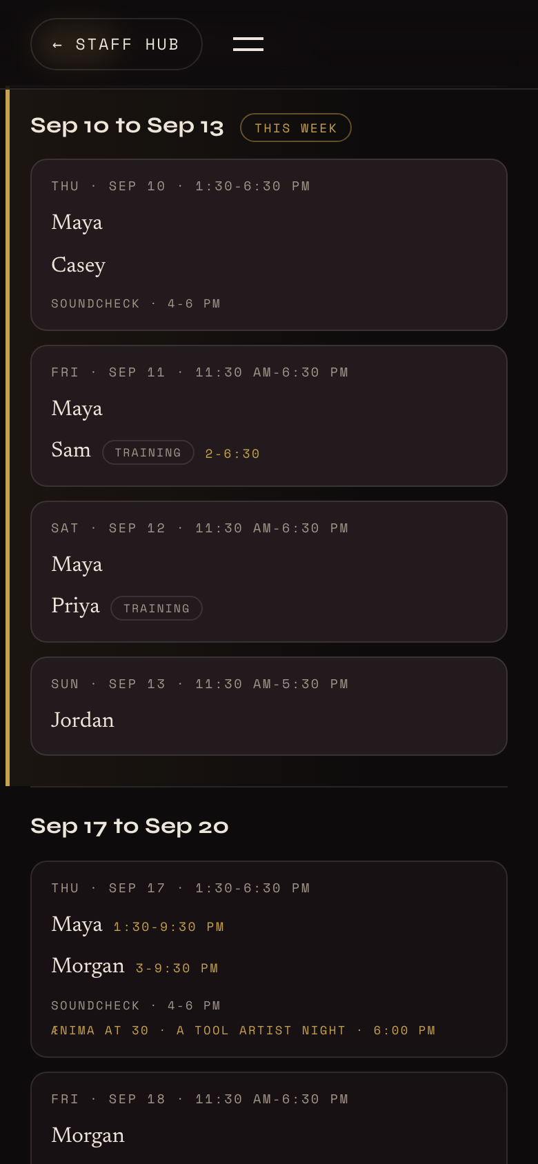 The Staff Hub schedule