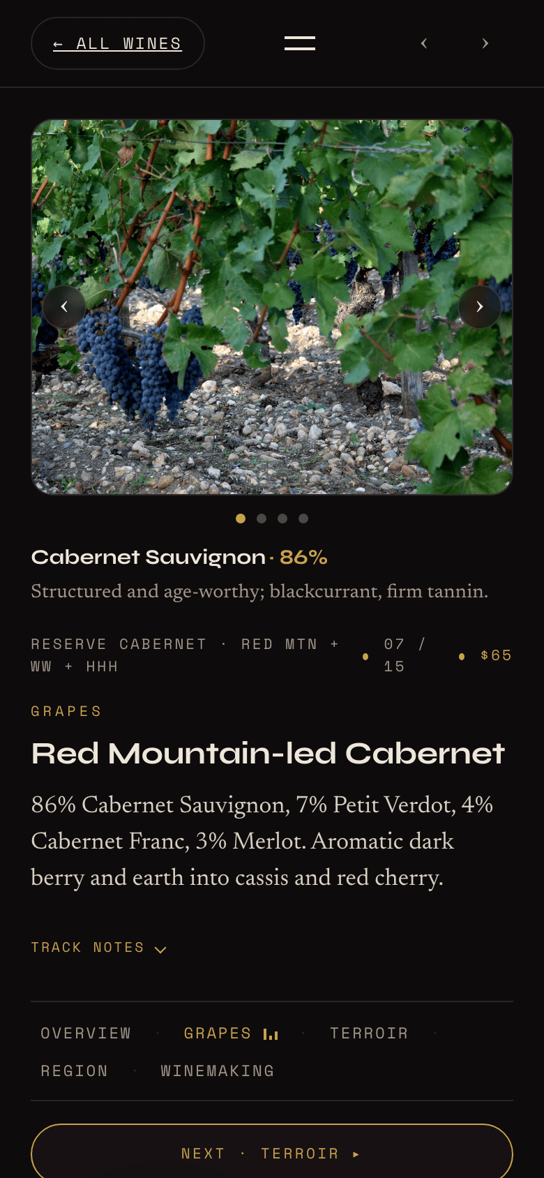 A single wine page on a phone