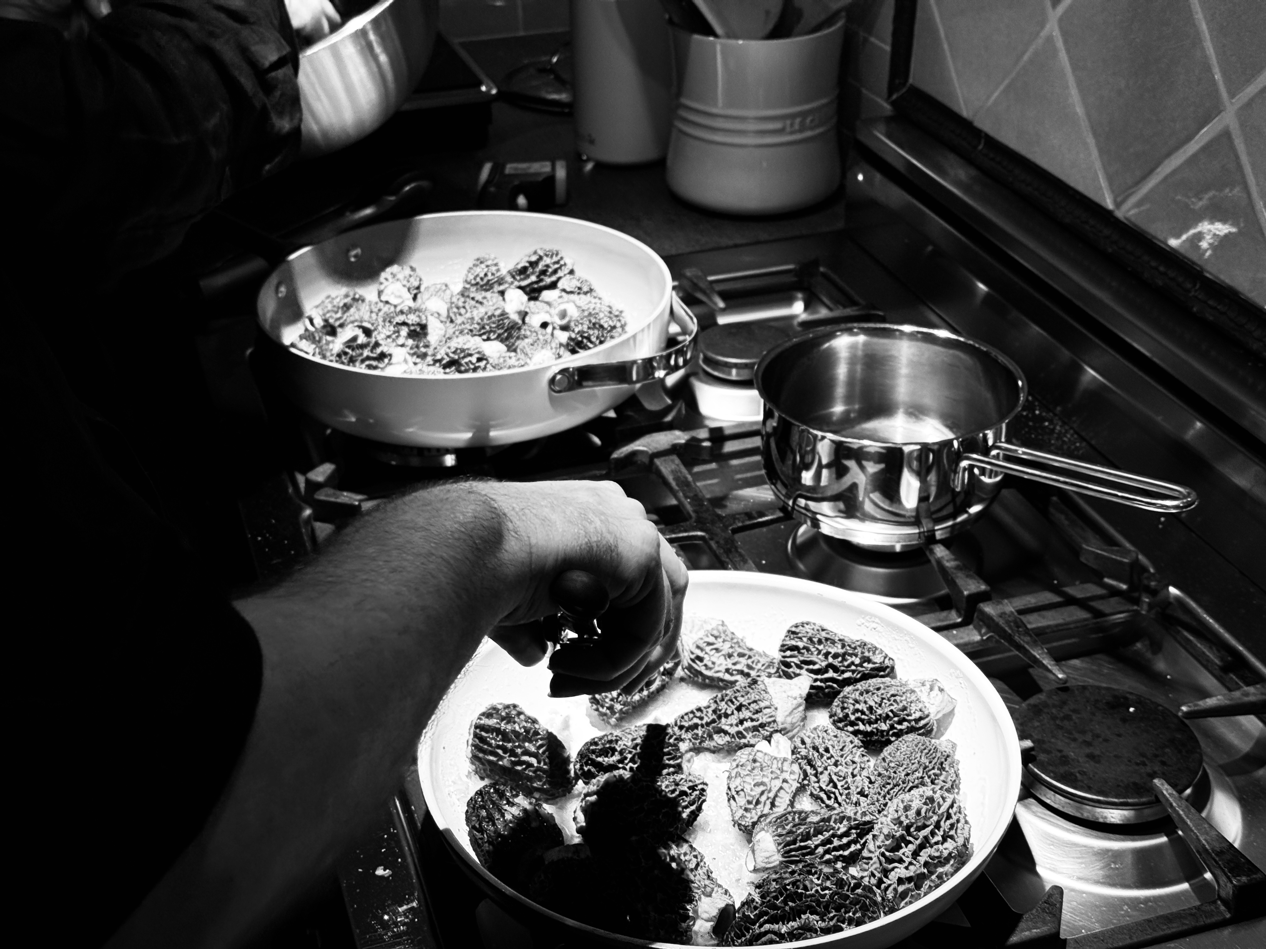 Chef preparing fresh spring morels for a private wine dinner