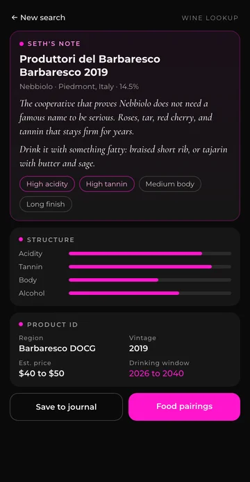 WineApp Wine Lookup result showing Seth's note, structure, and product details for a Barbaresco