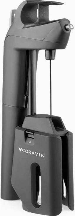Coravin Timeless Three+ with argon capsules, needle guard, and screw caps, detail: 45-degree device angle