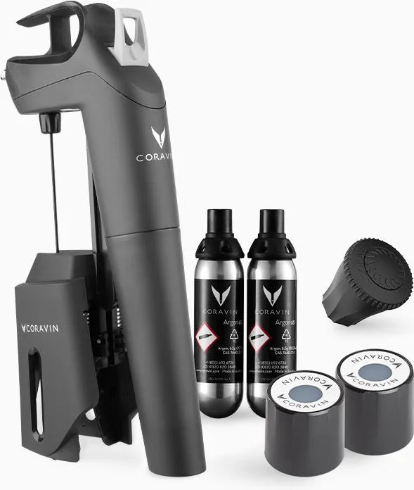 Coravin Timeless Three+ with argon capsules, needle guard, and screw caps, set: device with argon capsules and screw caps