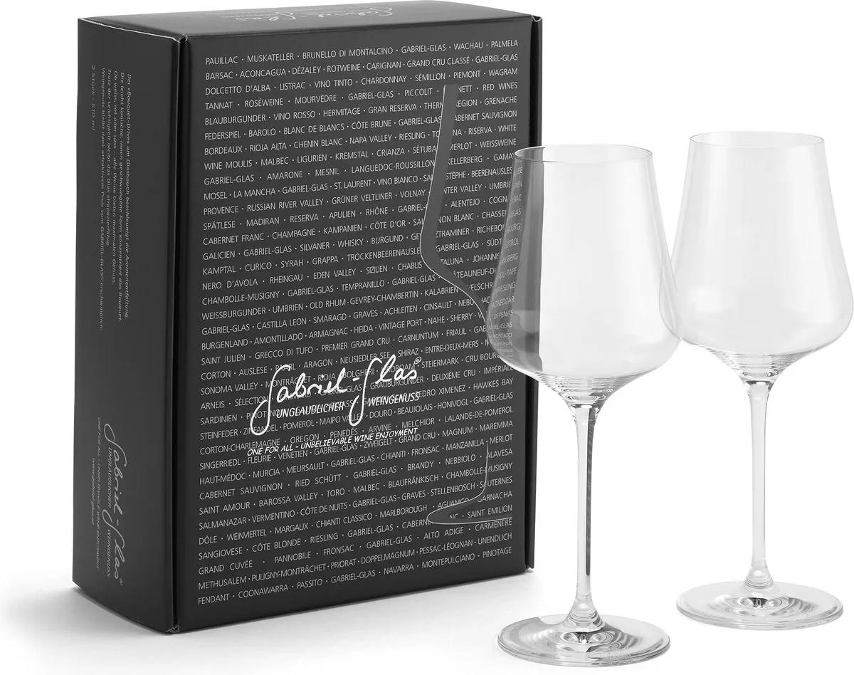Gabriel-Glas StandArt universal wine glass, pair, packaging: closed 2-glass box beside the pair
