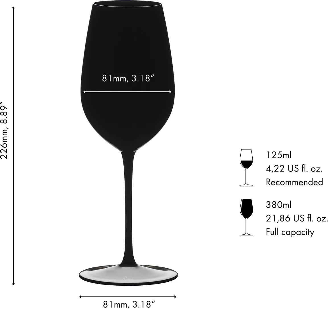 Riedel black blind tasting glass, scale: dimensions and capacity diagram