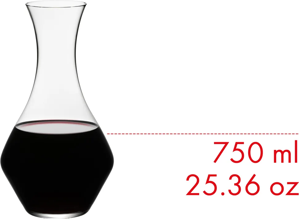 Riedel Cabernet decanter holding red wine, scale: 750ml fill-line capacity diagram