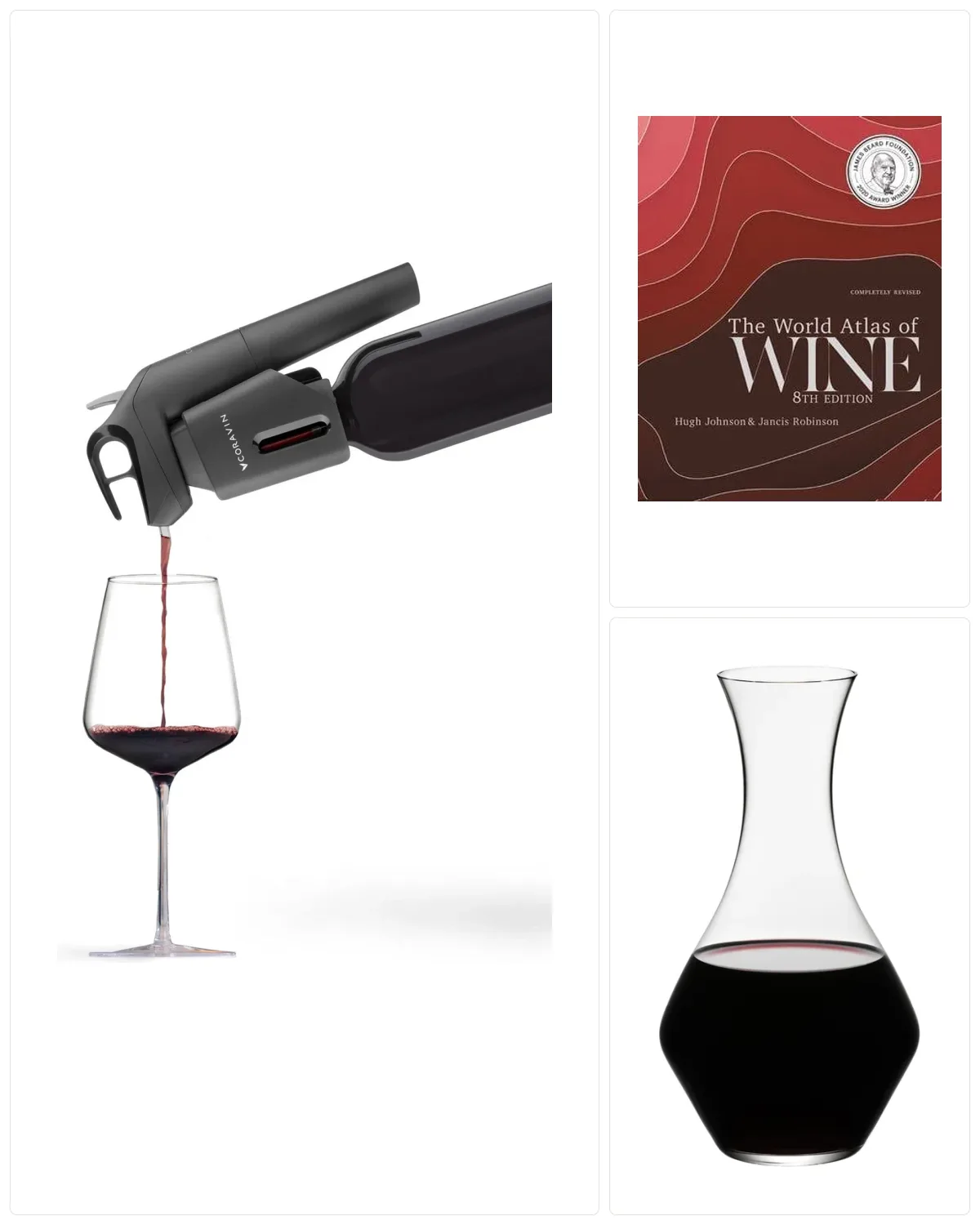 For the collector: Coravin Timeless Three+, The World Atlas of Wine, Riedel Decanter