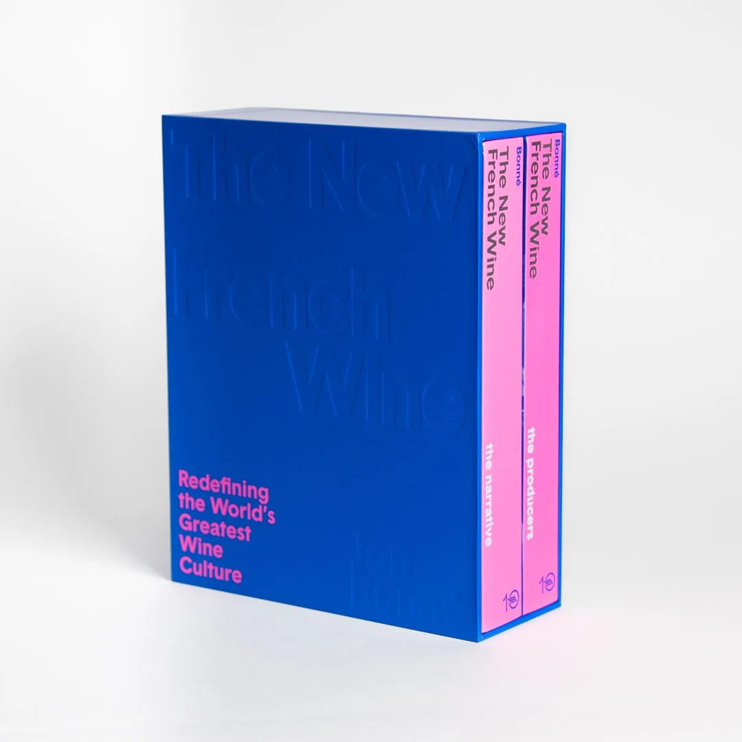 The New French Wine two-volume boxed set in its slipcase, detail: three-quarter angle showing both book spines