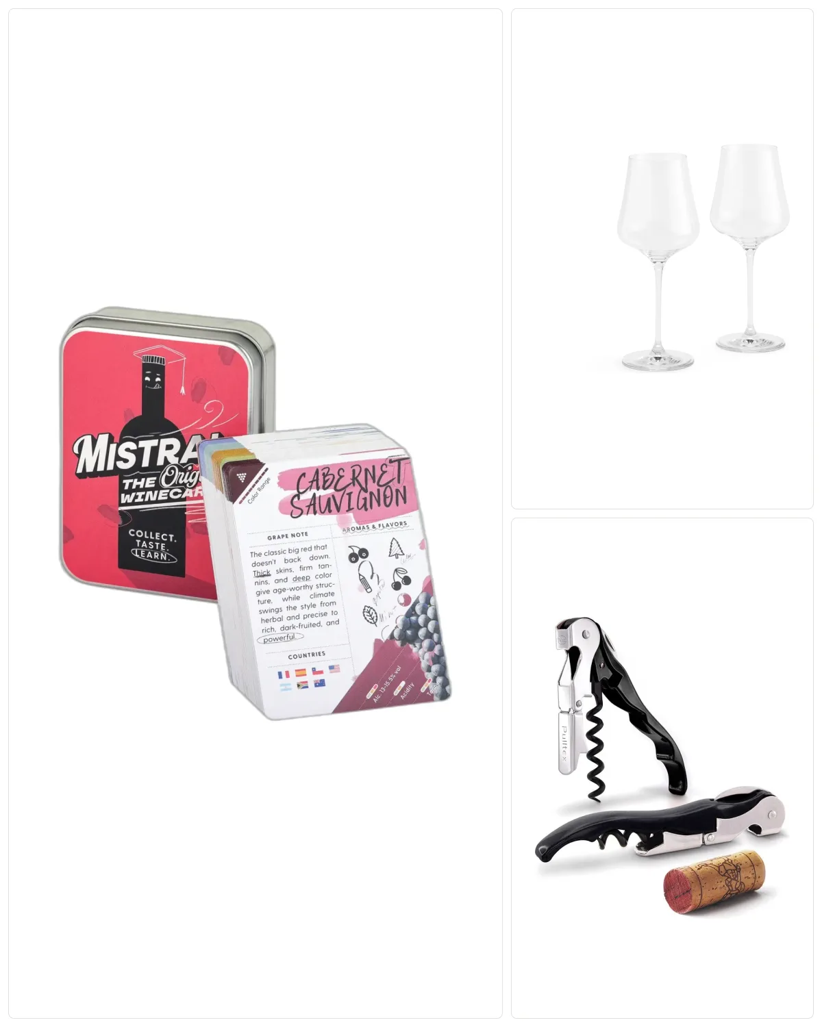 For someone starting out: Mistral WineCards Deck ONE: Global, Gabriel-Glas StandArt, Pulltap's Double-Hinged Waiter's Key