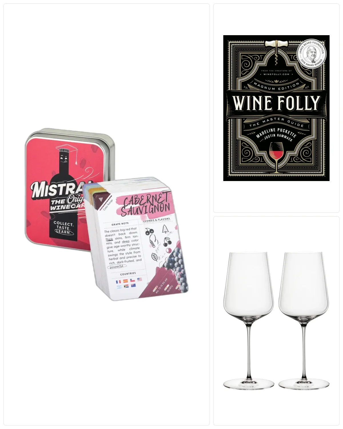 For the student: Mistral WineCards Deck ONE: Global, Wine Folly: Magnum Edition, Spiegelau Definition Universal, Set of 2